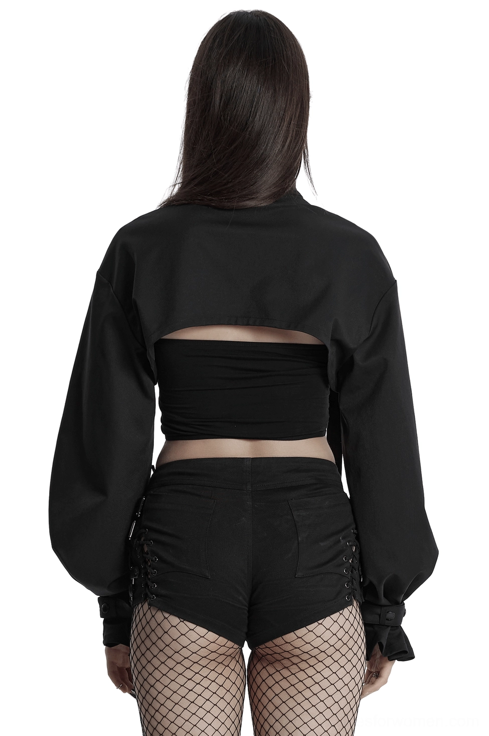 Black gothic cropped jacket rear view on model displaying open back cutout design and architectural silhouette