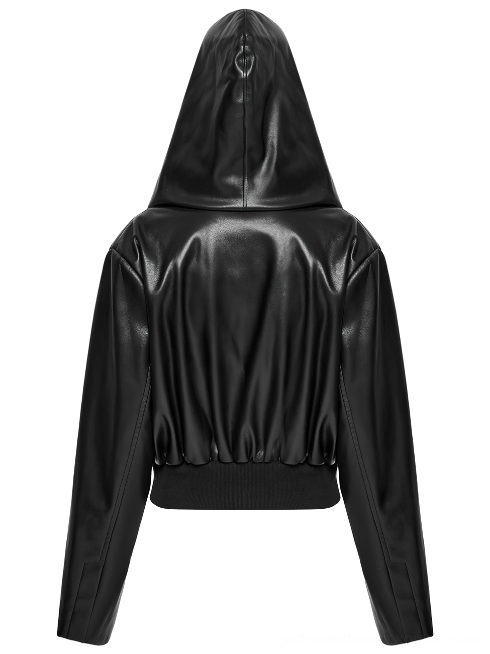 Back full-body view of black gothic cropped jacket on mannequin - ribbed hem long sleeves architecture