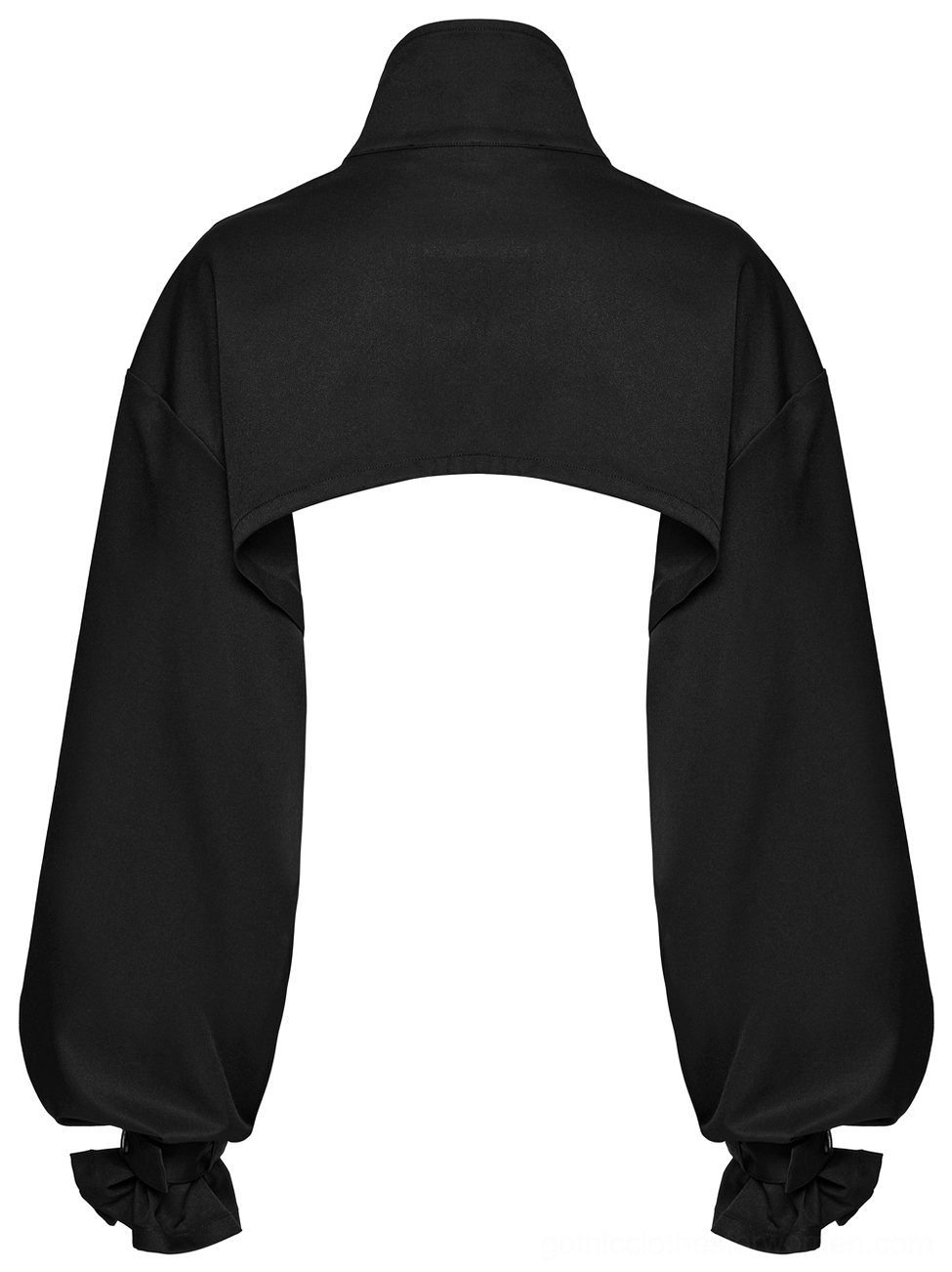 Black gothic cropped jacket back flat lay displaying open back streamlined silhouette and architecture