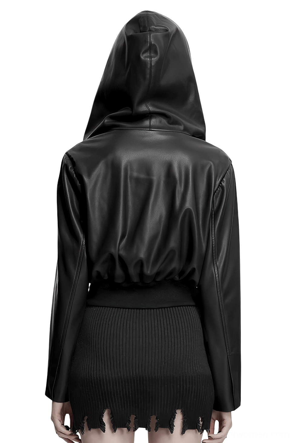 Black cropped gothic jacket back view showing pleated leather panel and ribbed waist - punk goth style outerwear