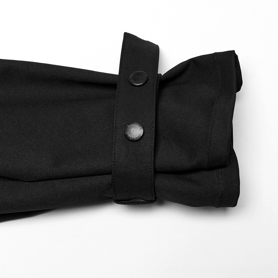 Black gothic jacket cuff close-up detail showing metal snap button fasteners and adjustable strap