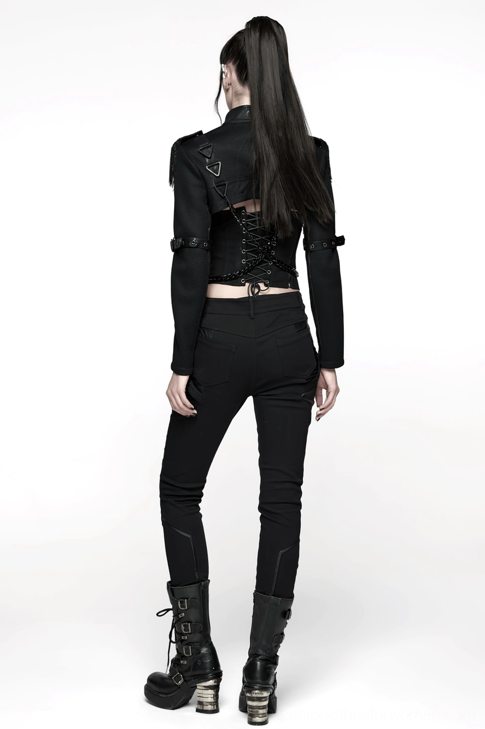 Gothic alternative fashion cropped jacket with mesh panels and detachable chain harness system styling