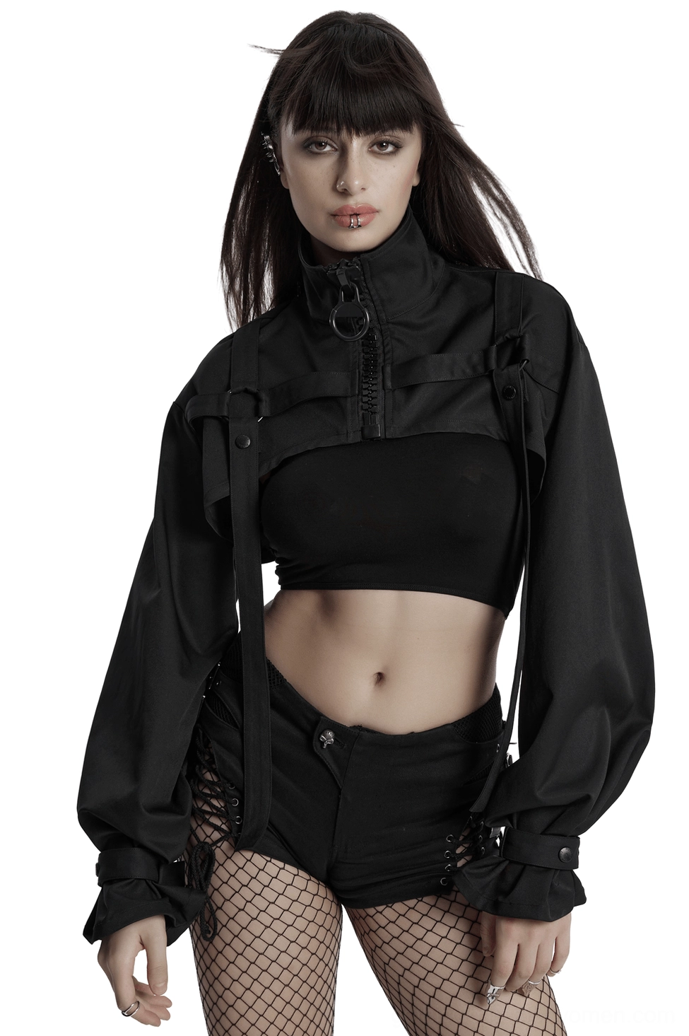 Black gothic cropped jacket with metal shoulder loops and ribbon straps worn by model, front three-quarter view showcasing harness strap details