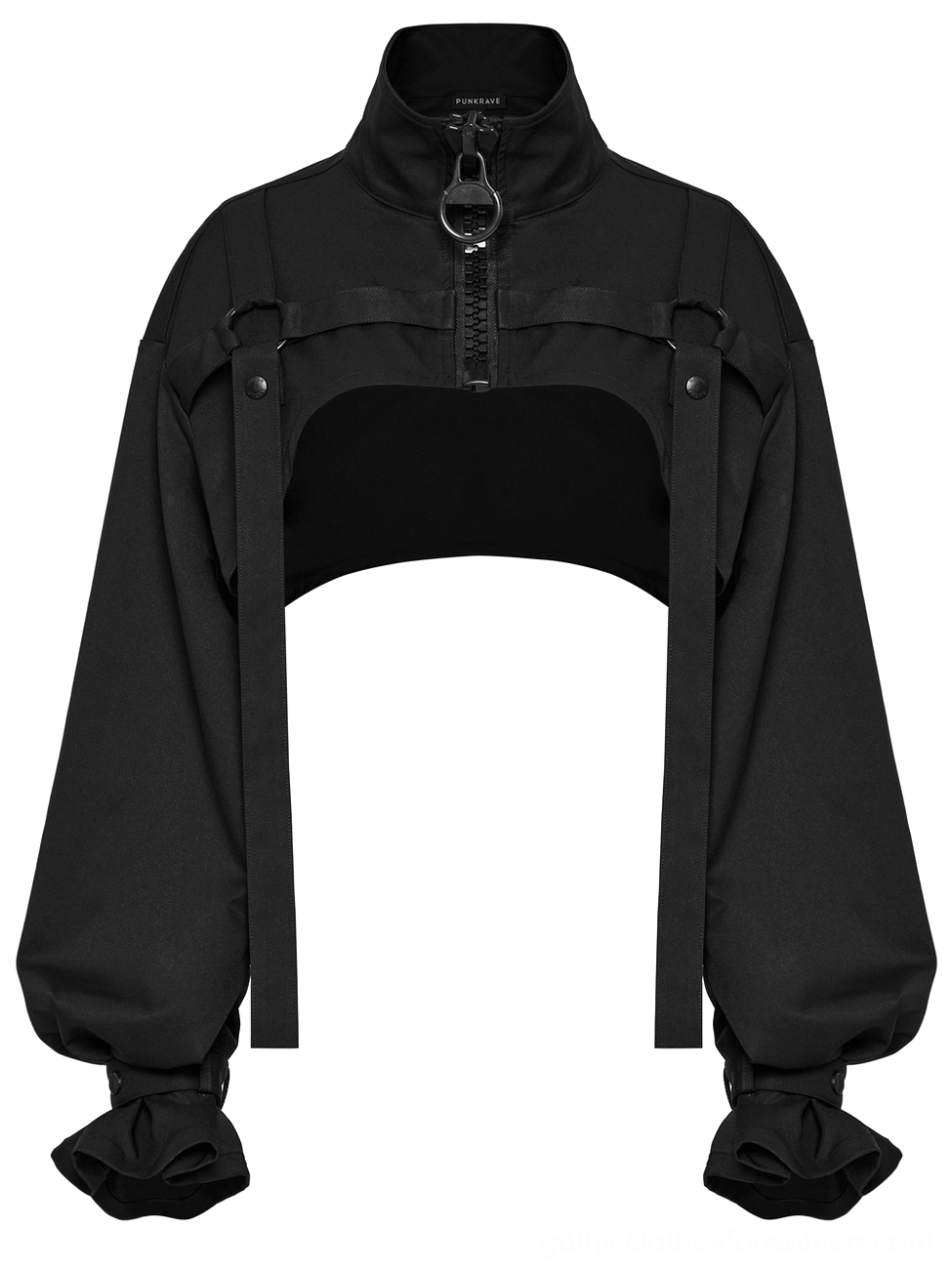 Black gothic cropped jacket flat lay featuring metal ring zipper and harness strap details