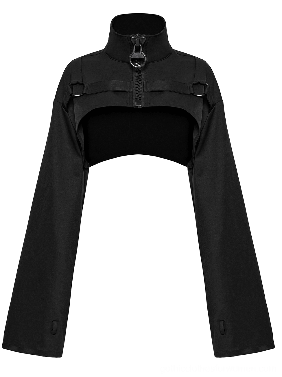 Black gothic cropped jacket minimal style front view with hidden cuff fasteners and metal loops