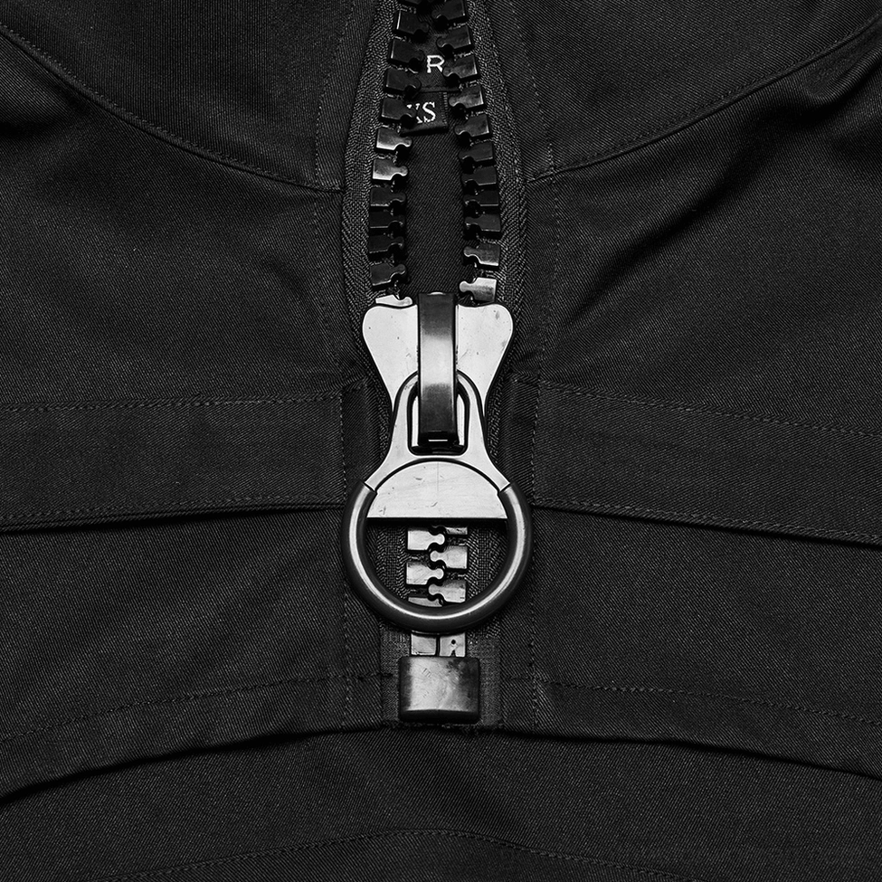 Black gothic jacket gunmetal ring zipper hardware close-up macro photography branded lettering detail