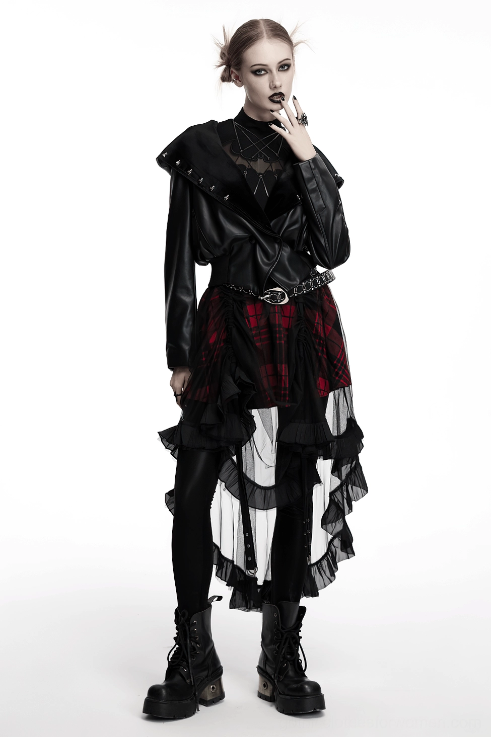 Mannequin display of black gothic cropped jacket showing overall silhouette and proportions