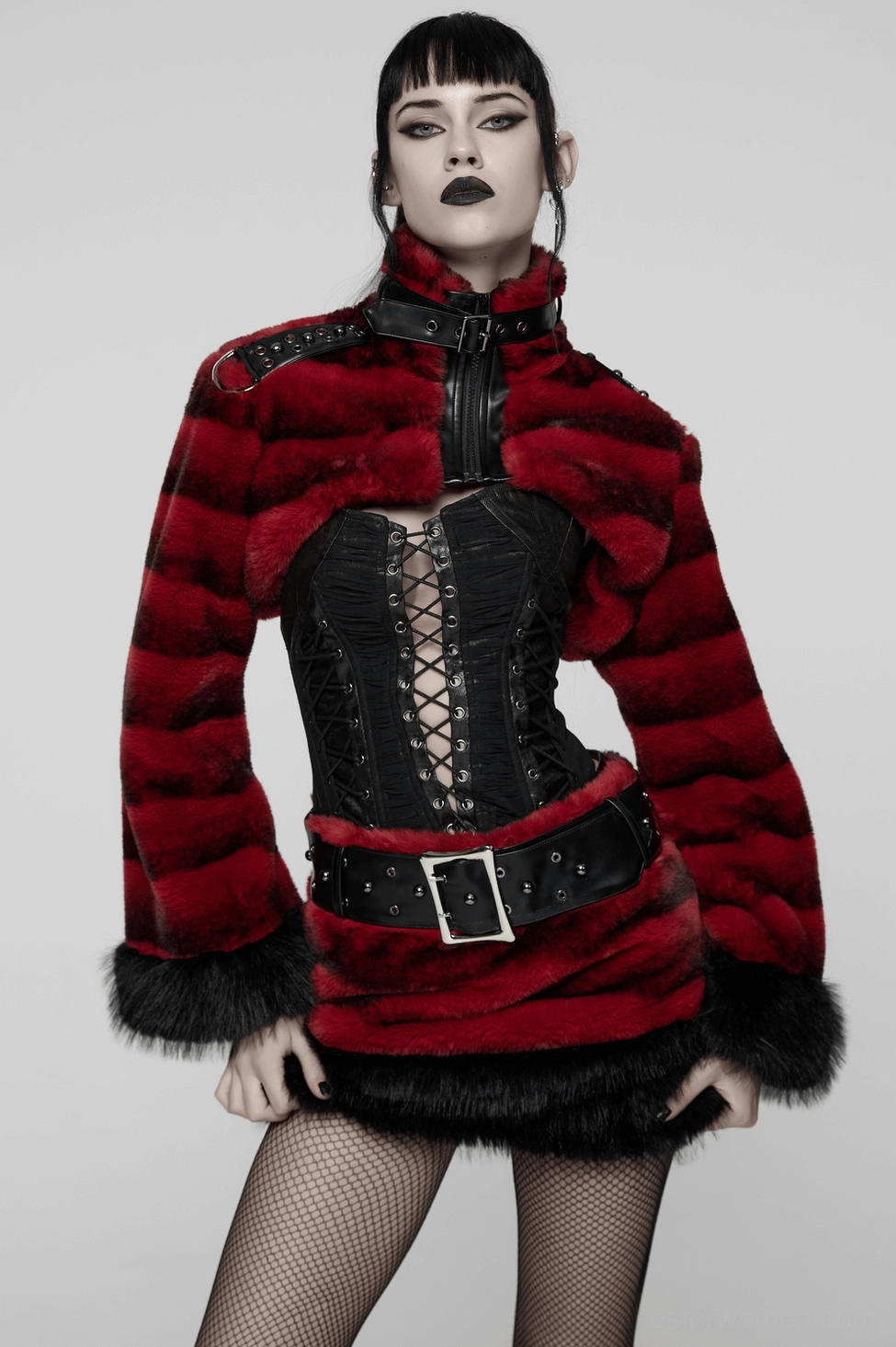 burgundy faux fur gothic cropped jacket with studded details worn with alternative gothic styling
