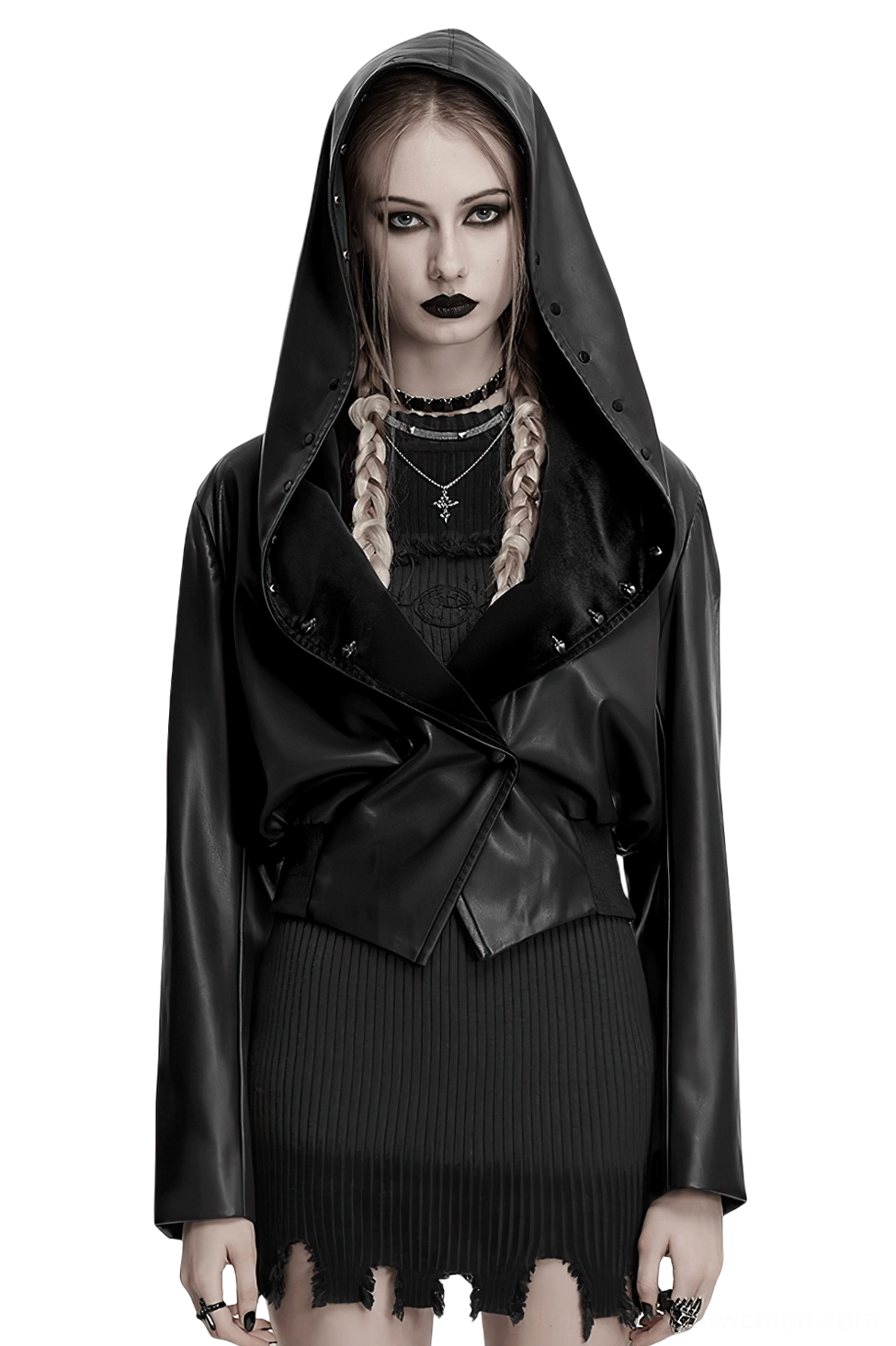 Gothic cropped velvet faux leather jacket with skull-studded hood front view on model - black alternative fashion wear