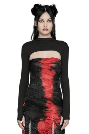 Black gothic cropped mock neck top with finger holes worn by model - front full body view