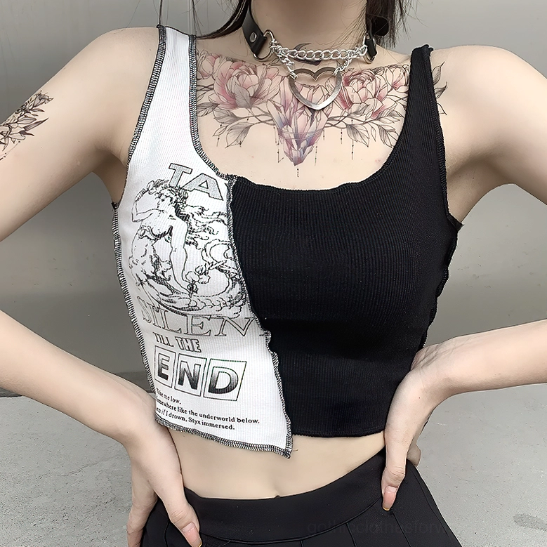 Black and white gothic tank top close-up with choker necklace and heart pendant styling