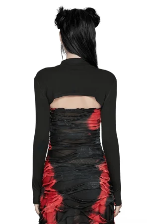 Back view of black gothic fitted long sleeve cropped top showing tailored silhouette and open torso design