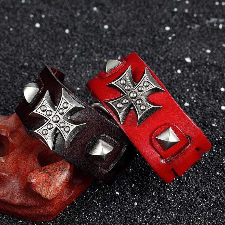 Gothic leather cross bracelet styling guide showing multiple color options and metal cross details
