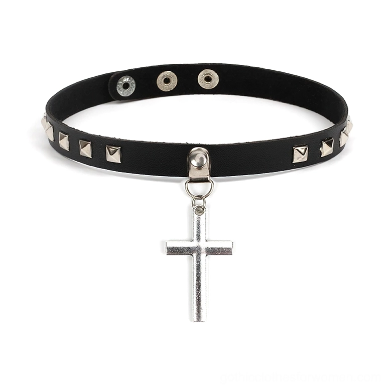 Black PU leather gothic choker with silver cross pendant and square rivets - front studio view