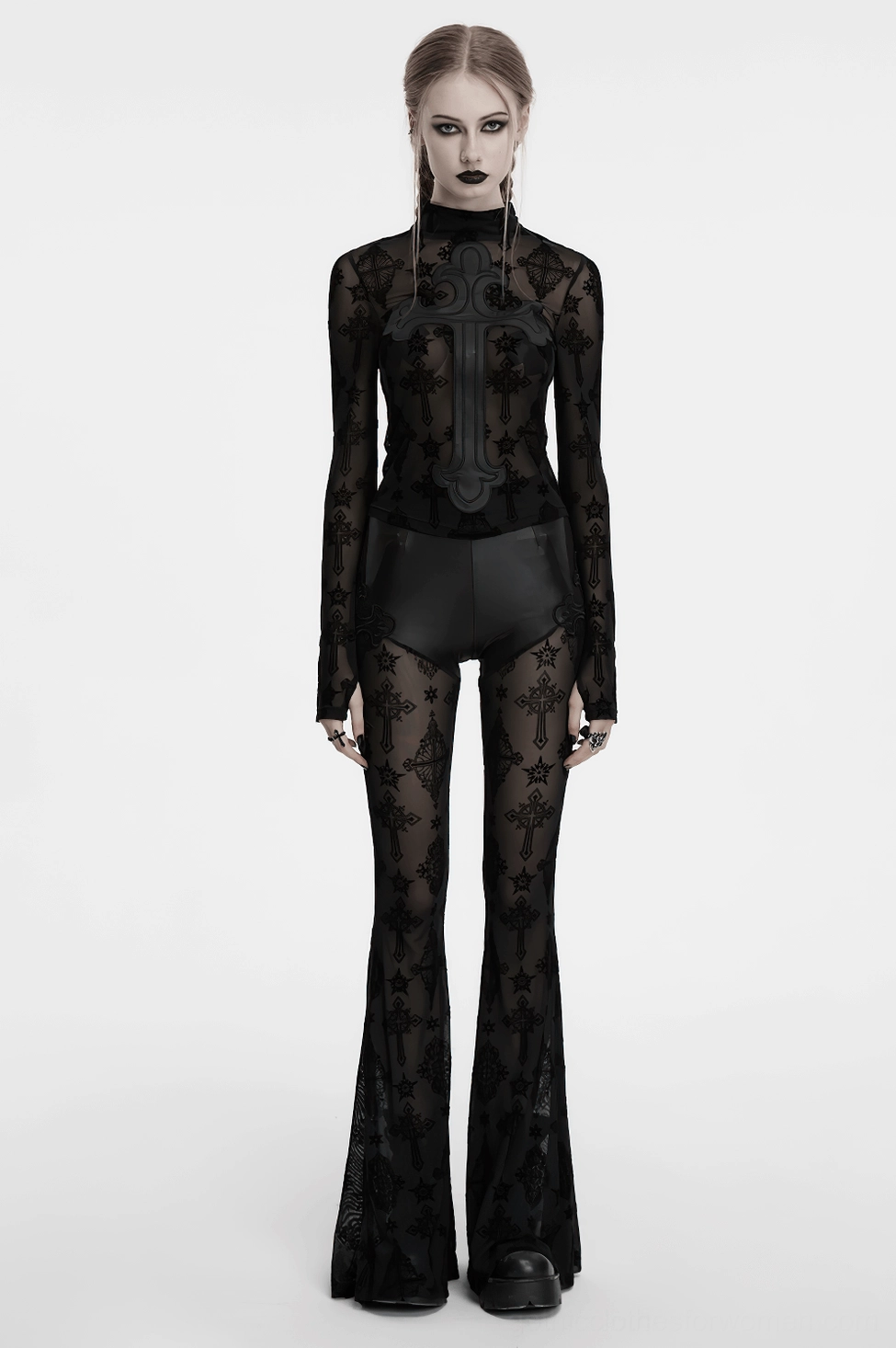 Gothic cross embroidered flare pants product display - black faux leather waist with semi-transparent cross-printed mesh