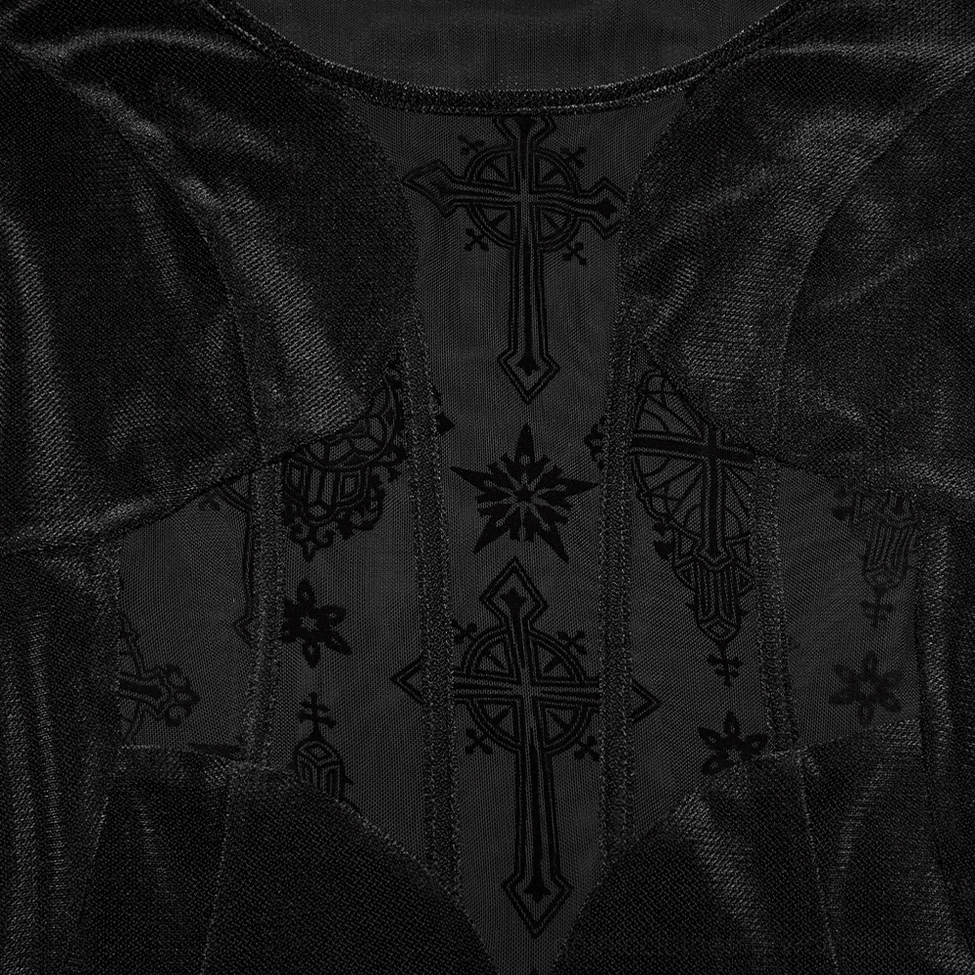 Detailed close-up of gothic cross embroidery on sheer mesh bodice showing intricate occult pattern design
