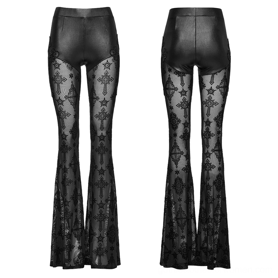 Gothic cross embroidered flare pants front product display - high waist faux leather top with cross-patterned sheer mesh
