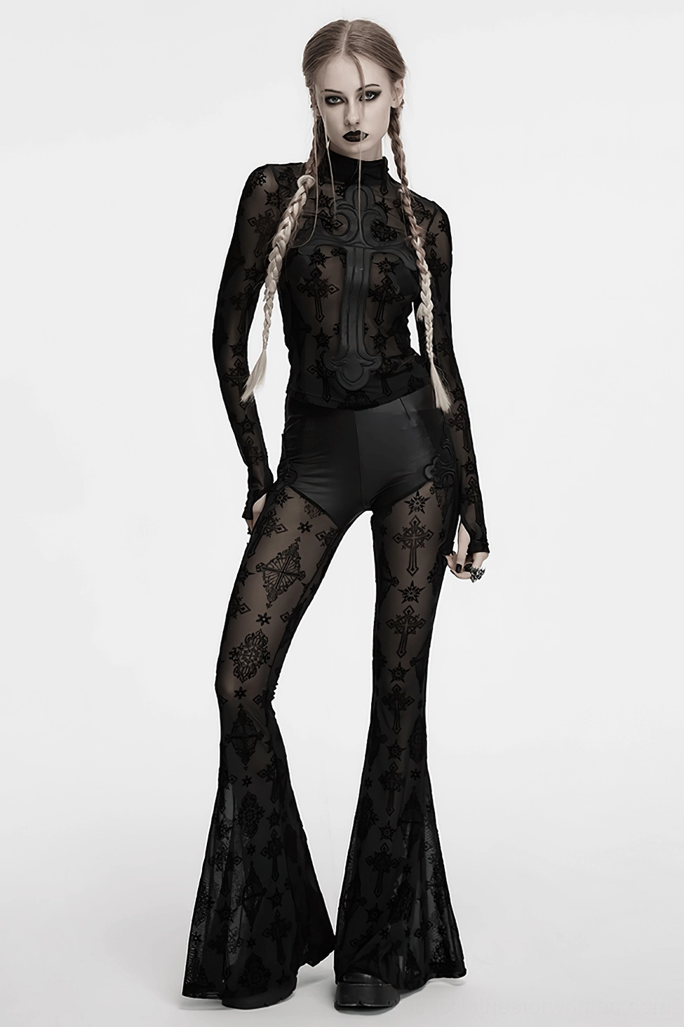 Black gothic flare pants with cross flocking detail - alternative fashion women's pants with mesh and faux leather construction