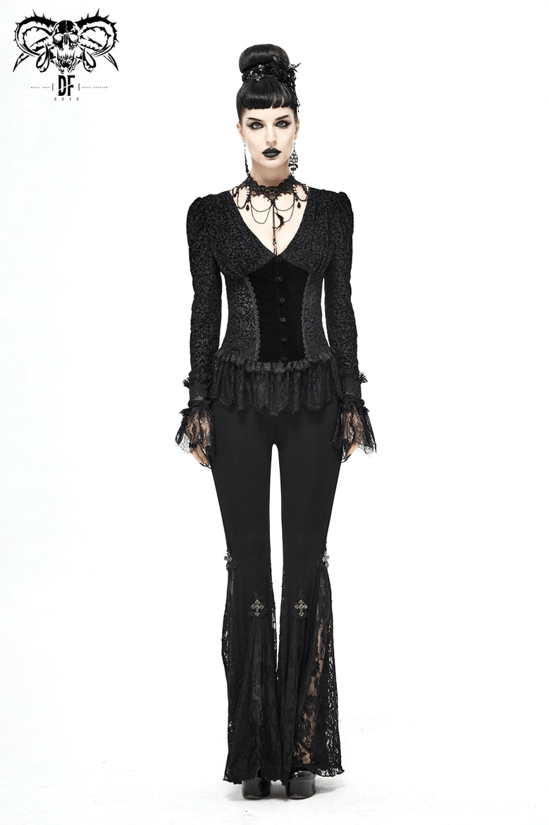 Detailed view of black gothic cross lace flare leggings showing waistband construction and high-waist fit design on mannequin