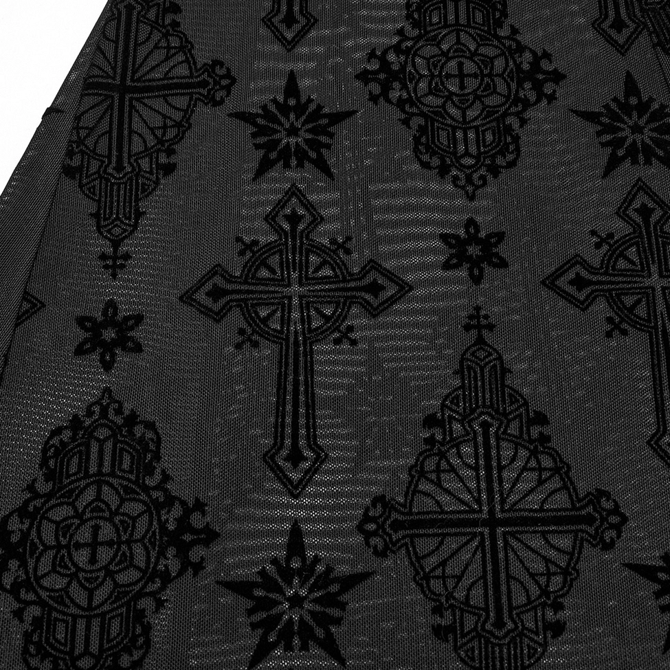 Fabric texture close-up of gothic flare pants featuring multiple cross patterns and velvet flock texture on sheer mesh material