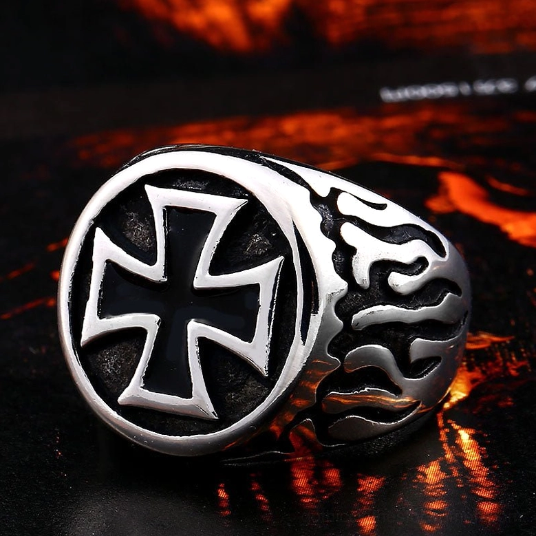 Black stainless steel cross biker ring with flame engravings oblique studio view