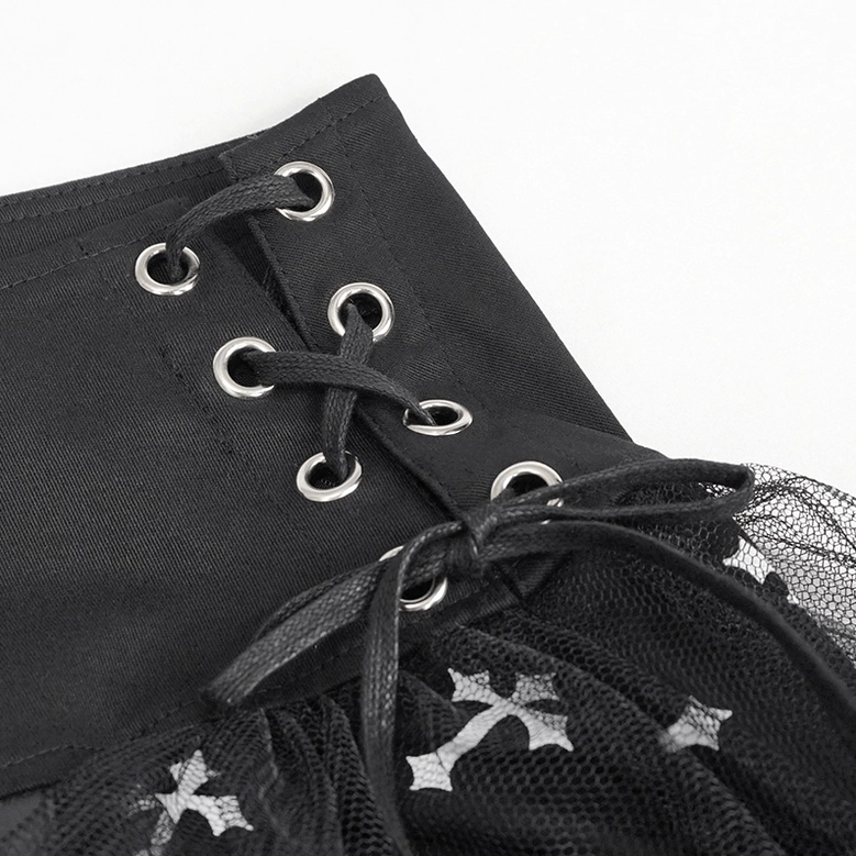 Black gothic cross print skirt styled for alternative fashion showcasing complete design with white crosses, leather accents, chain details, and fitted cut
