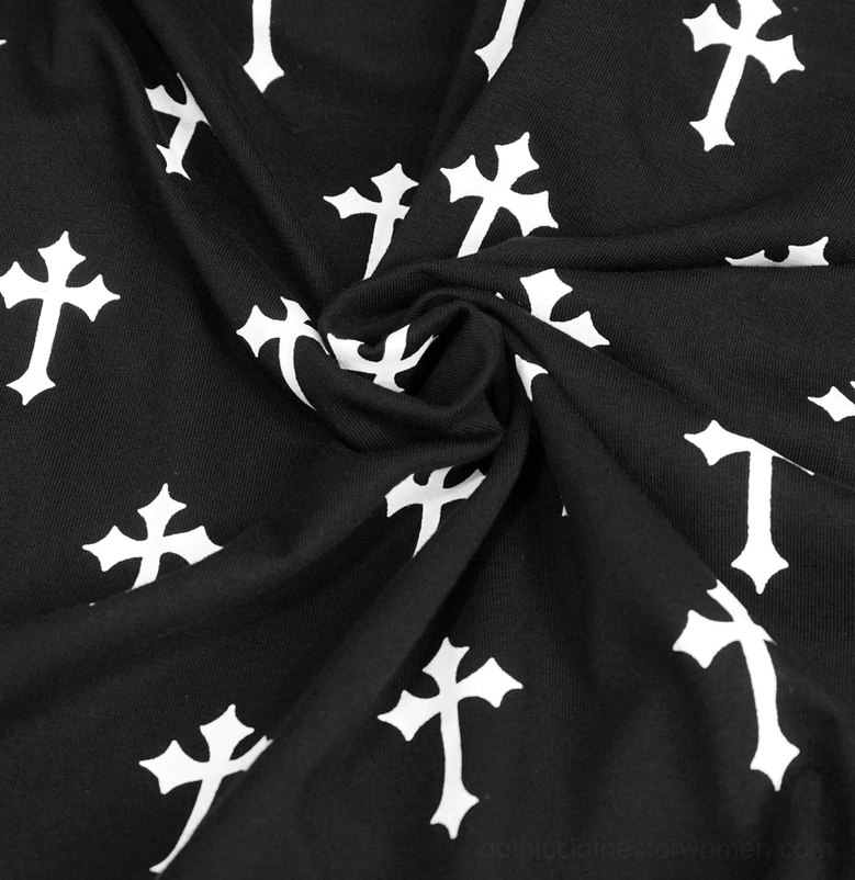 Backside detail of black gothic cross print skirt showing rear zipper placement, cross print continuation, and leather strap embellishments