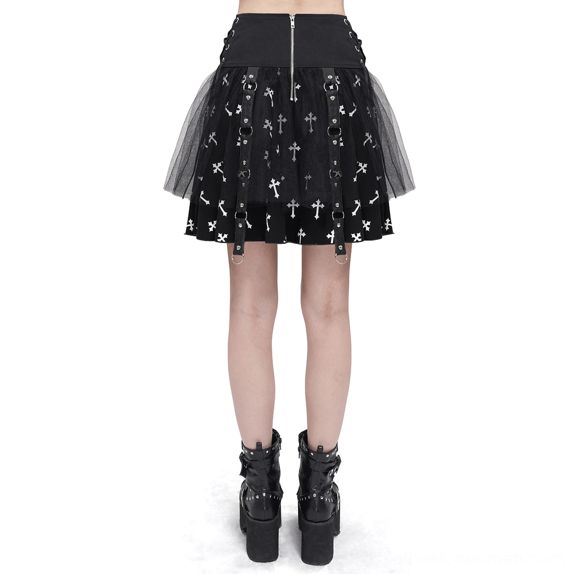 Black gothic cross print knitted skirt - back full body view on model, displaying front zipper waistband and cross print pattern detail