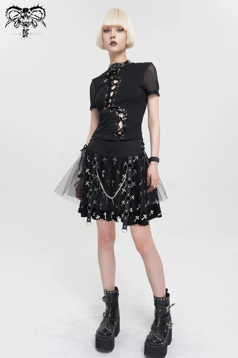 Product photography of black gothic skirt showing all hardware details including metal chains, leather straps, and front lacing on dark background