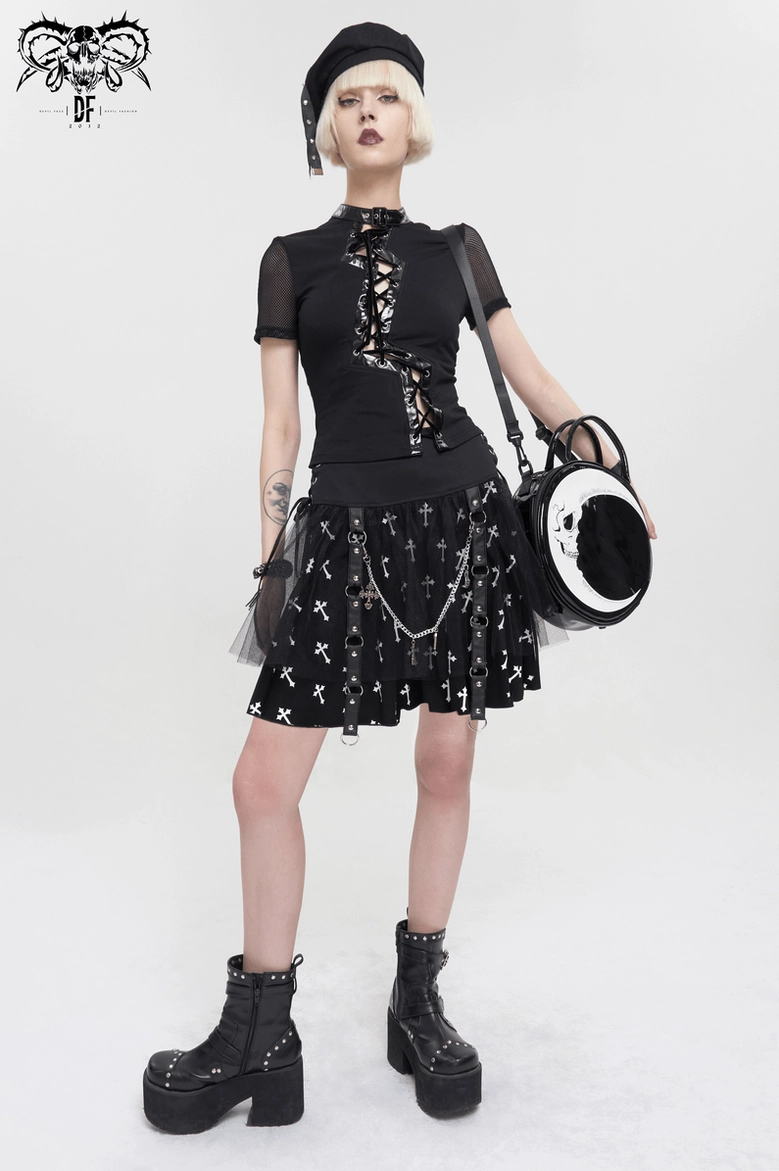 Overhead view of black gothic cross print skirt displaying symmetric cross print pattern distribution and fitted skirt silhouette