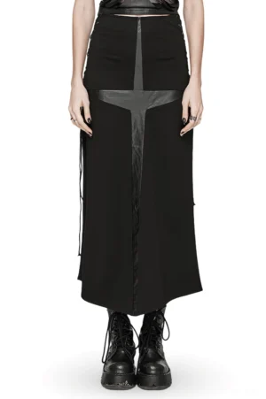 Black gothic cross splice maxi skirt front view with rubberized faux leather cross panel and side drawstring eyelets