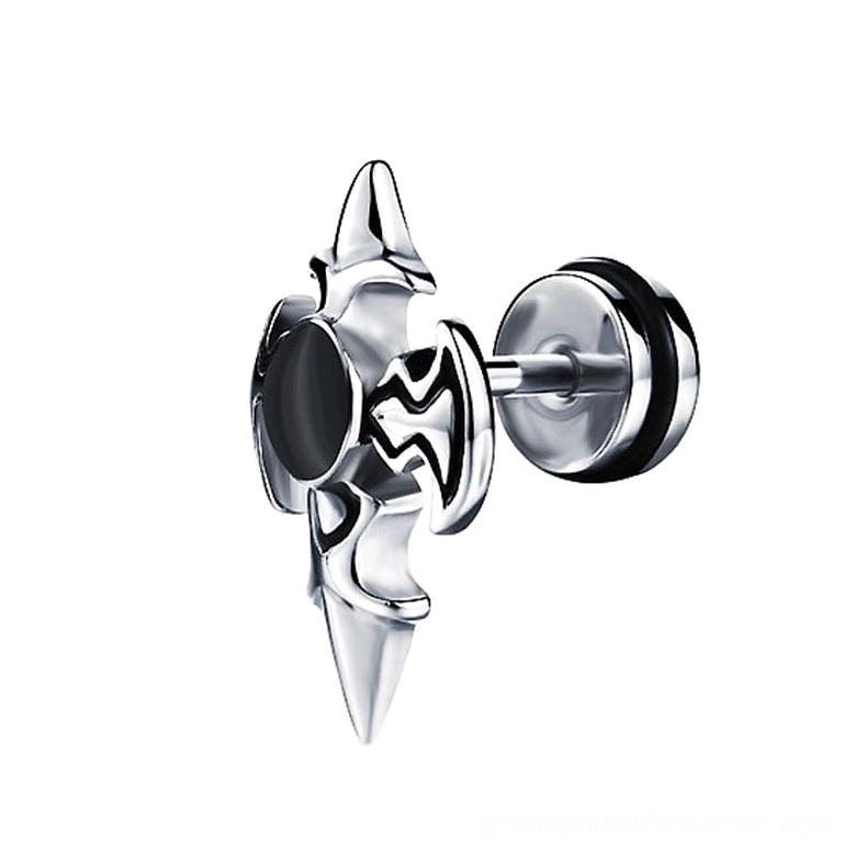 Single gothic cross stud earring side perspective showing push-back closure and dimensional spiked design