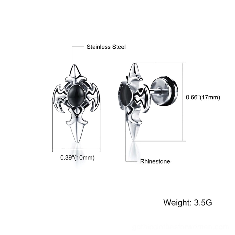 Gothic cross stud earrings technical specification diagram showing 17mm height 10mm width measurements
