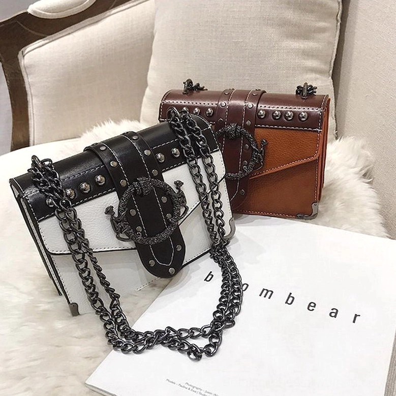 Black white and brown gothic studded shoulder bags comparison - showing multiple color variations of skull rivet bag