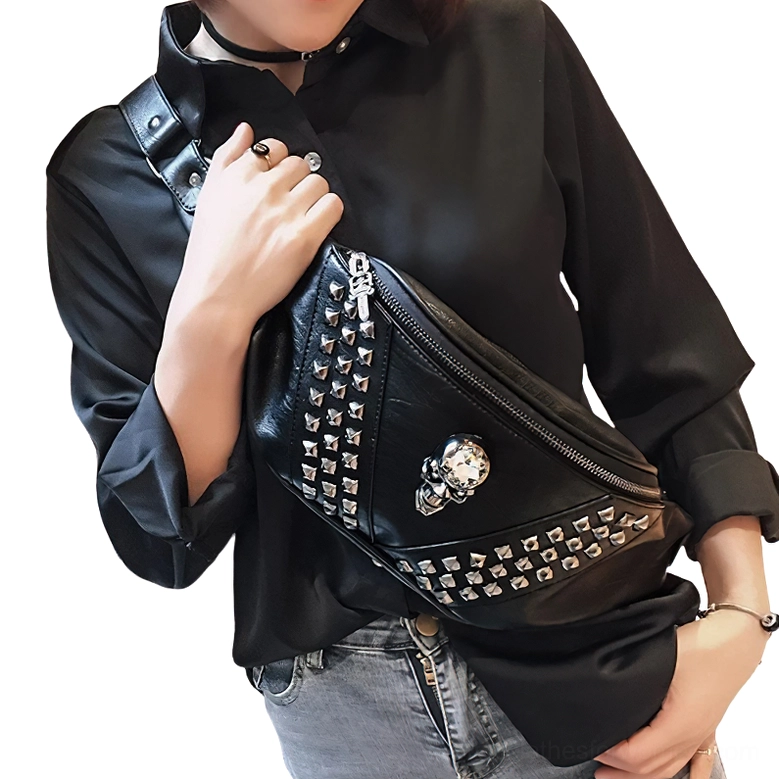 Female model wearing black studded gothic waist bag as crossbody, casual street style alternative fashion