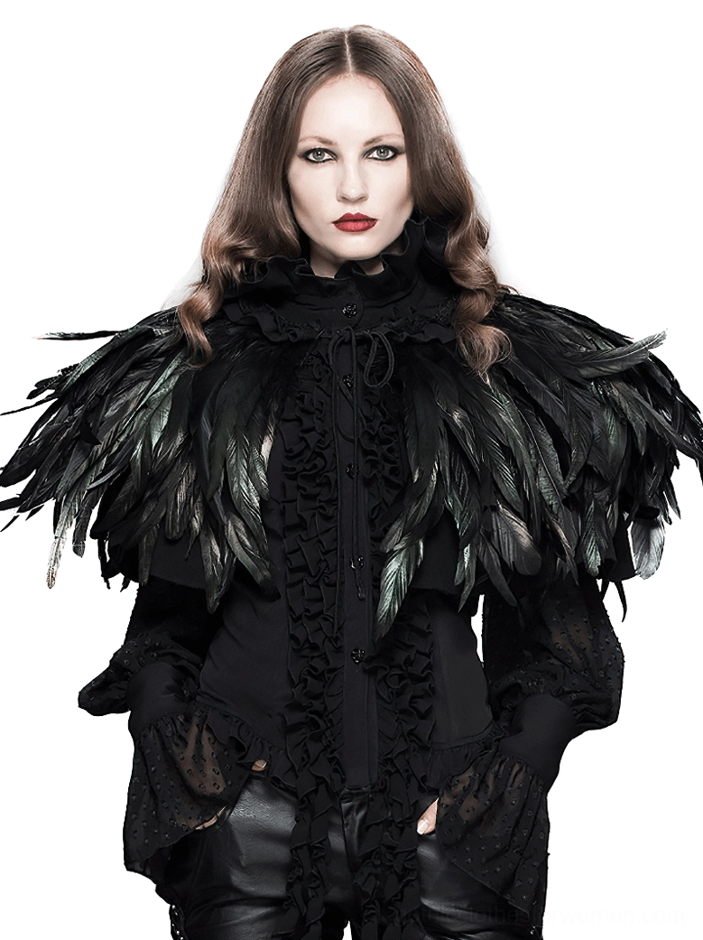 Black gothic crow feather shoulder cape front view on dress form with ruffled lace collar and iridescent feather trim