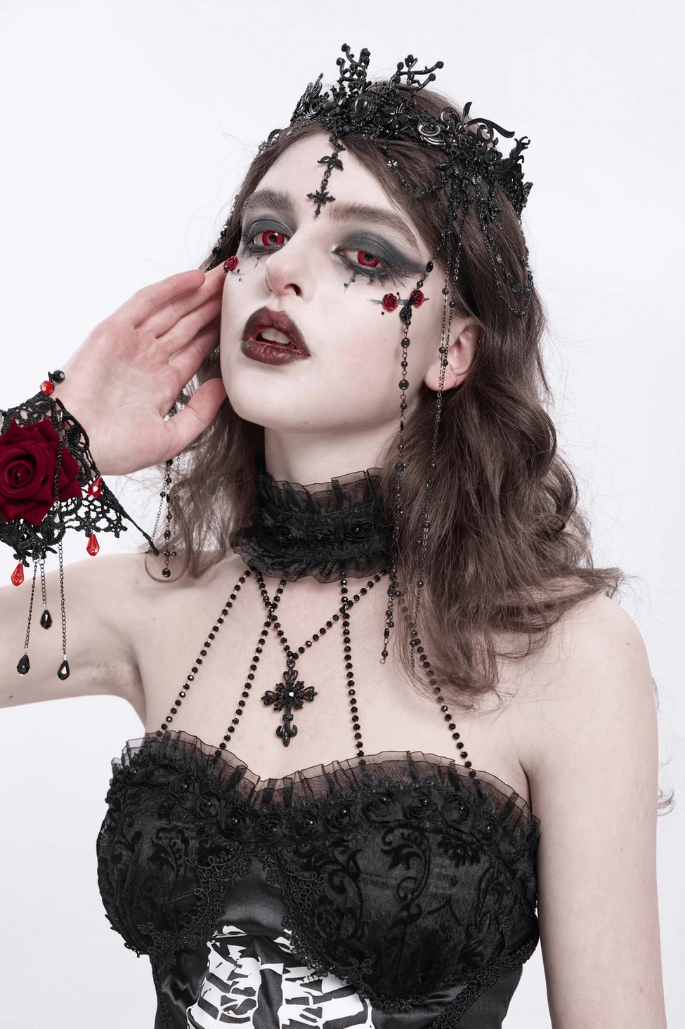 Gothic black lace crown with ornate beaded chains and cross pendant, product photography display