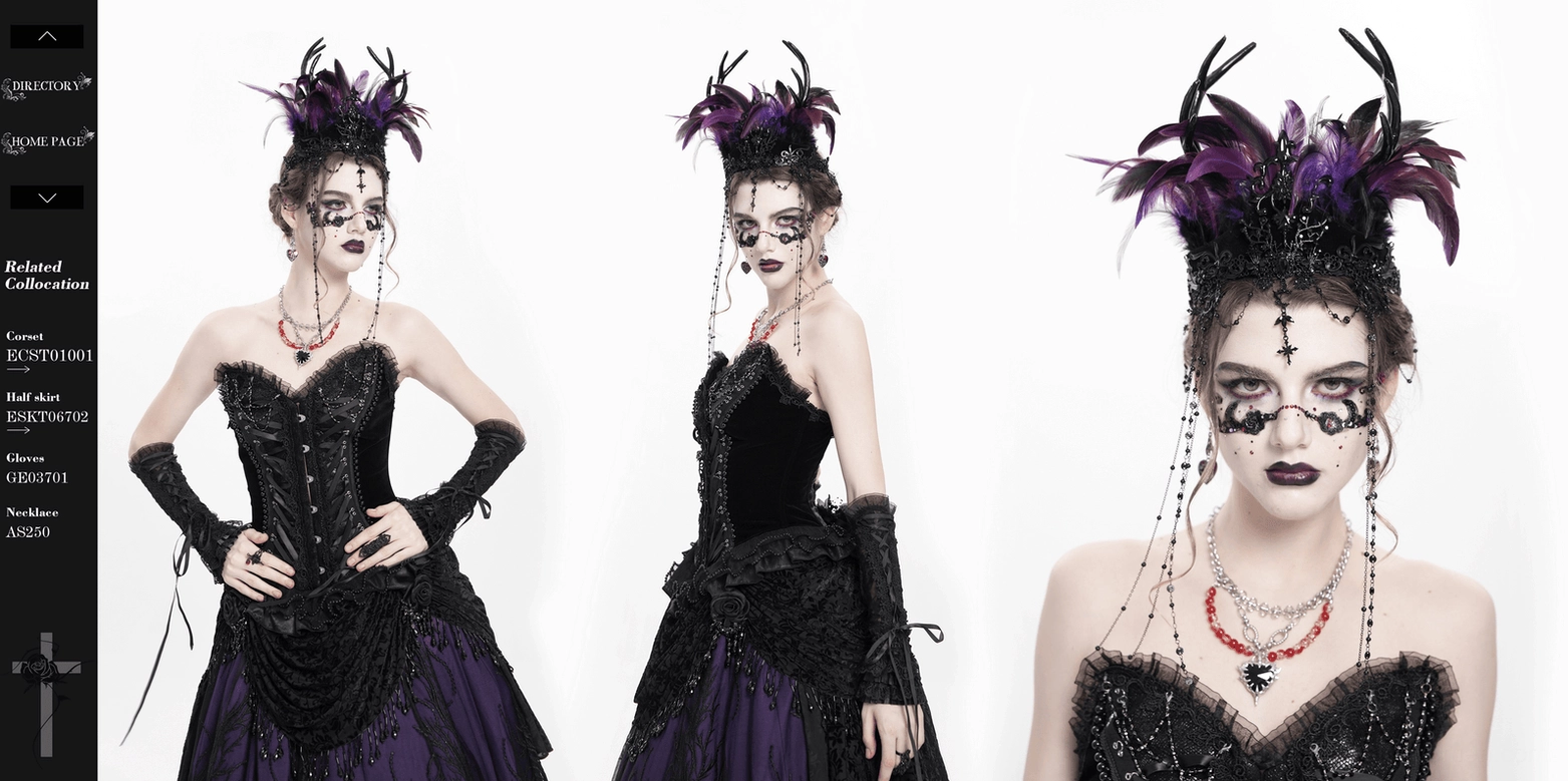 Gothic feathered headpiece back detail on mannequin showing rear chain construction and feather crown design
