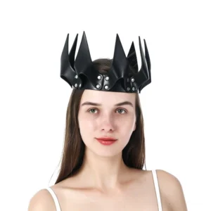 Black PU leather gothic crown with silver rivets, straight front view displaying symmetrical spike arrangement and polished rivet embellishments