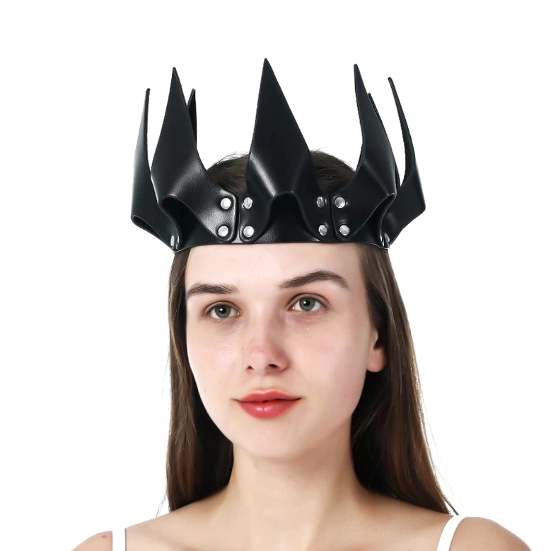 Black leather gothic spike crown worn on model head, straight front facing view showcasing smooth PU leather finish and complete rivet crown design