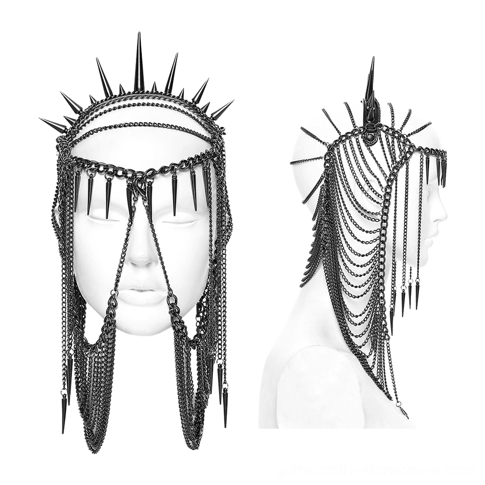 Front and side profile of black gothic crown headpiece featuring face-framing chains, central nose chain, and spiked crown top