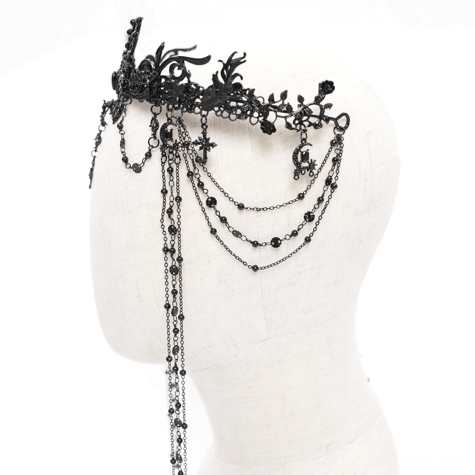 Gothic black lace crown close-up showing layered beaded chains, ornate crown top, and small cross charm accents