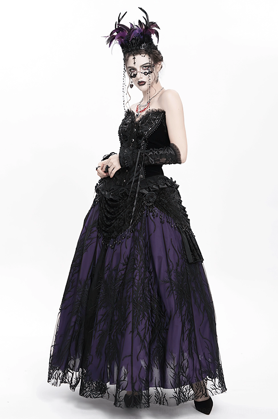 Alternative view of feathered gothic crown with cross chains showing product quality and craftsmanship on mannequin