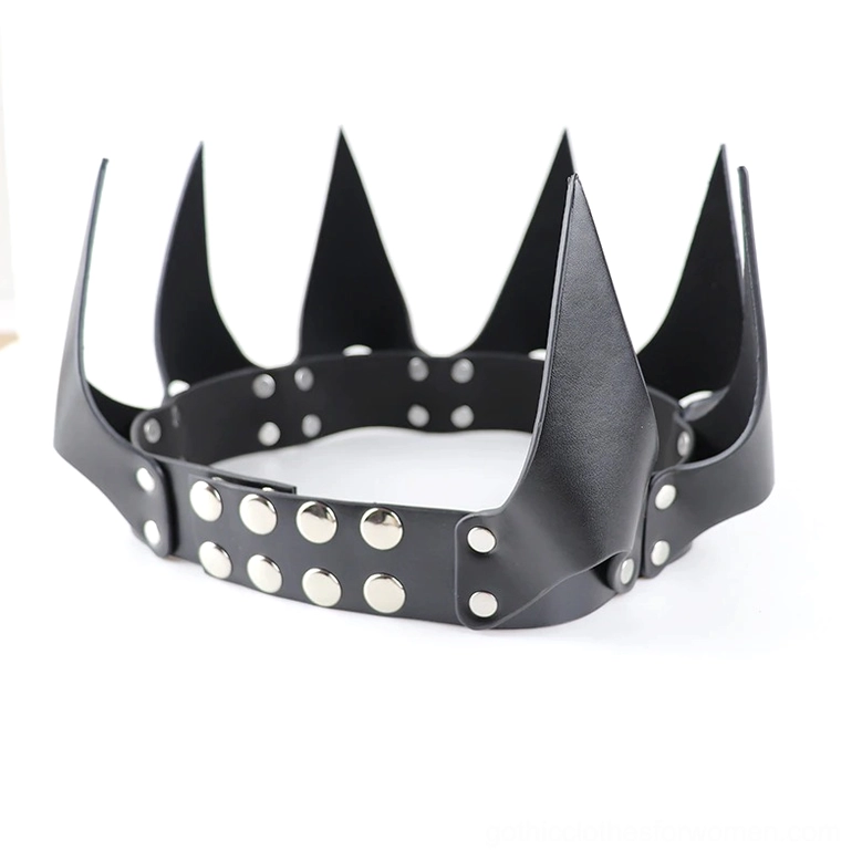 Black gothic crown side profile showing adjustable strap mechanism, silver rivet decorations, and architectural spike silhouette on white background