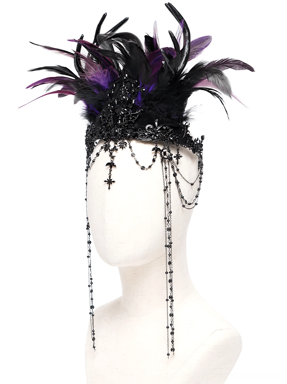 Side profile mannequin view of gothic crown with multiple hanging chain ornaments and carved metal base details