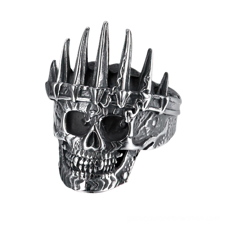 Crowned skull gothic ring stainless steel unisex jewelry left front three-quarter view intricate spiked royal crown