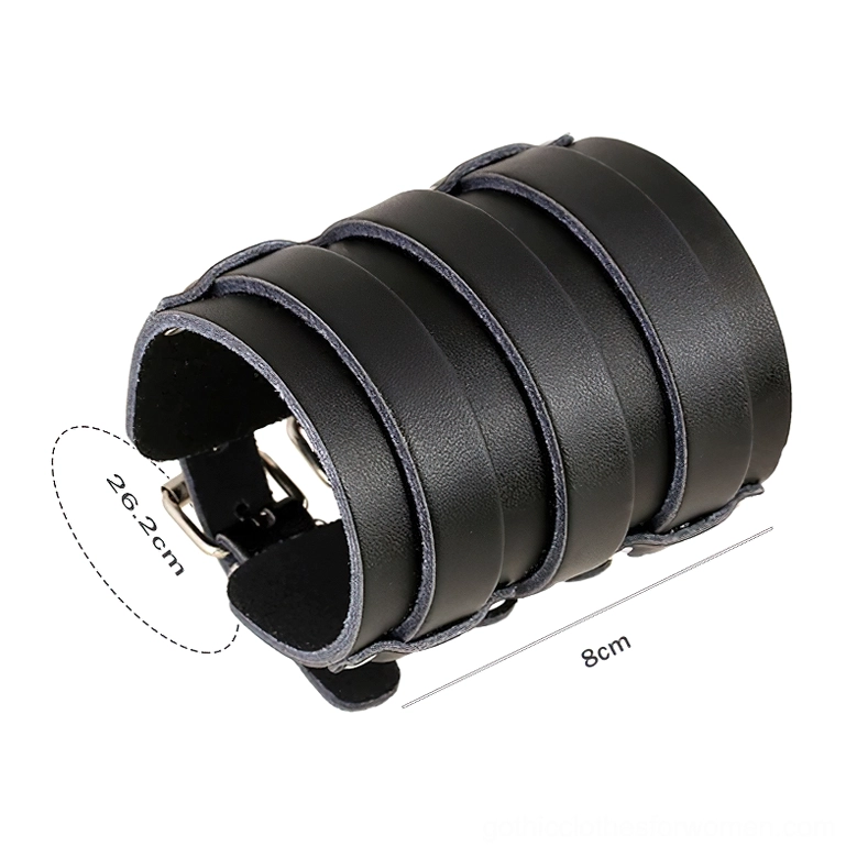 Punk leather wide cuff bracelet with adjustable buckles displaying size and dimension specifications on white background