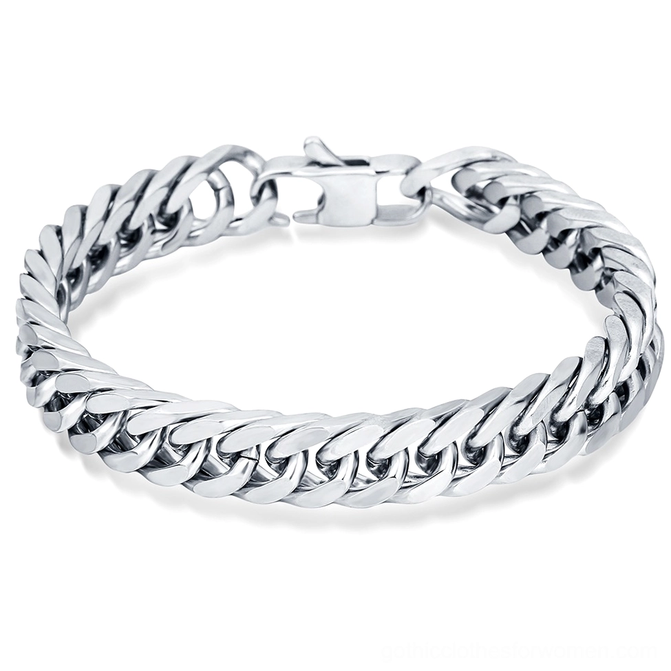 Stainless steel gothic bracelet flat overhead view showing complete closed circular chain link design with polished silver finish