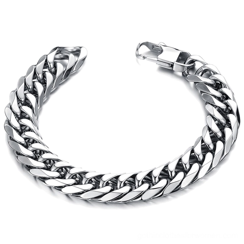 Gothic stainless steel curb chain bracelet displayed from high side angle with open lobster clasp visible, premium polished silver finish