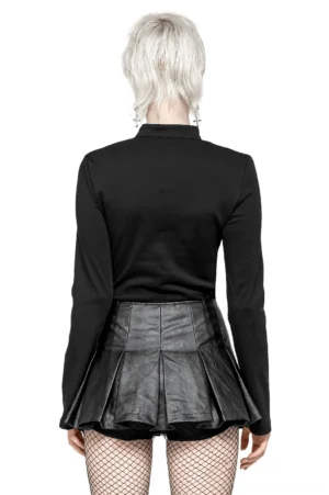 Slim-fit black gothic long sleeve top back view showing plain back design and mock neck styling